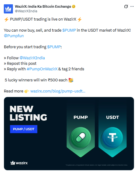 WazirX listed PUMP USDT Pair 