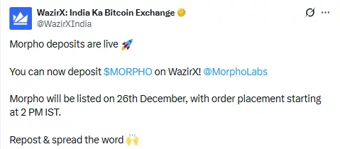 Morpho Deposit live on WazirX