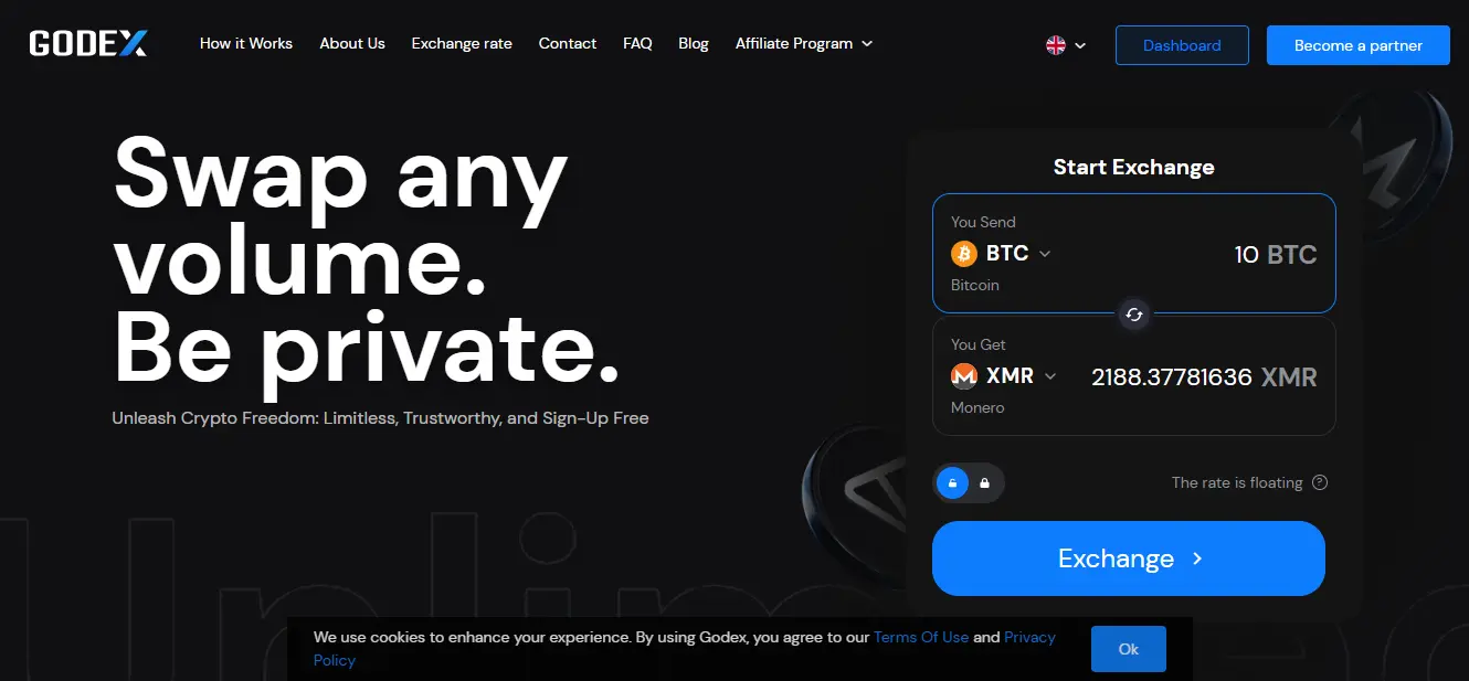 Godex.io no-KYC crypto exchange interface for anonymous BTC to XMR swaps with no limits