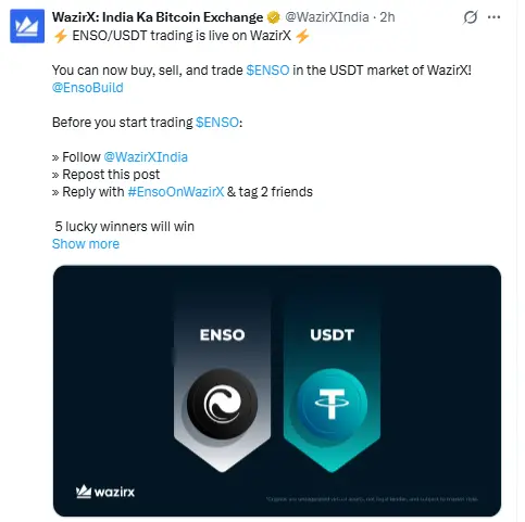 wazirx listed enso usdt pair