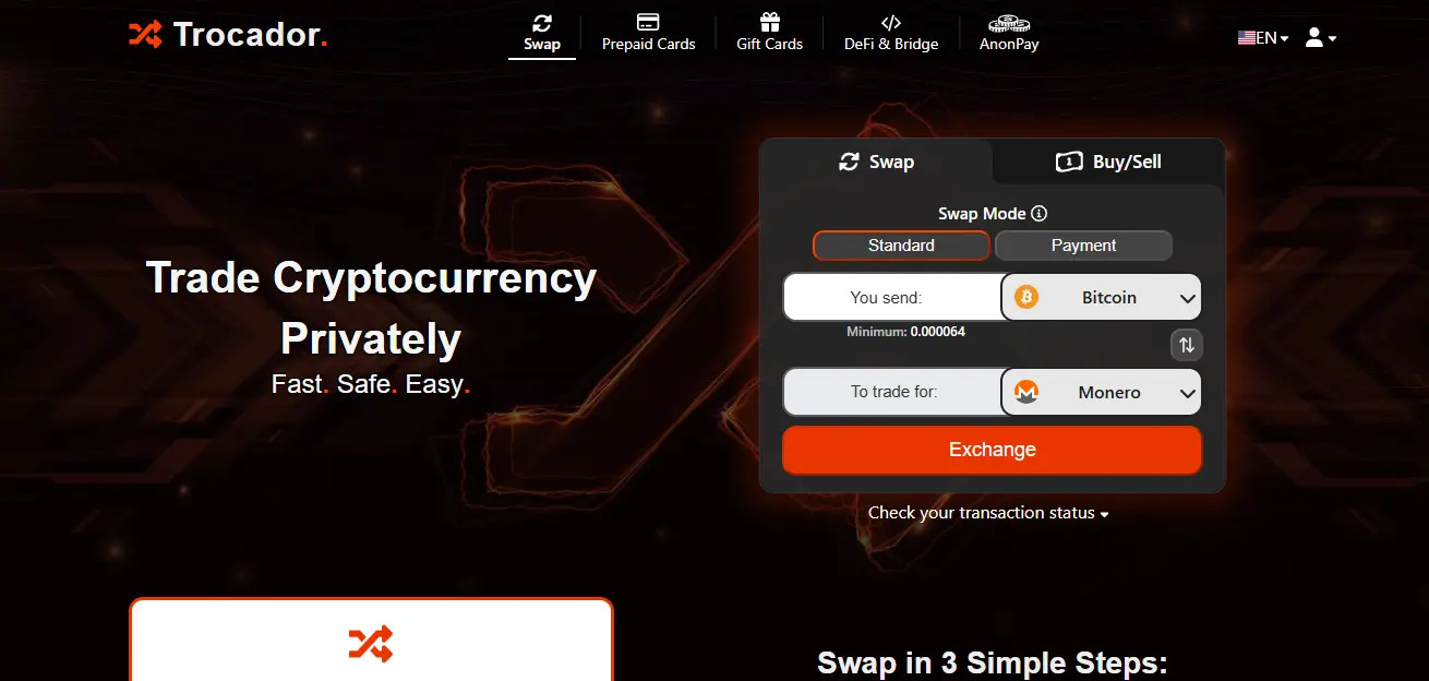Trocador privacy-focused exchange aggregator for anonymous Bitcoin to Monero swaps