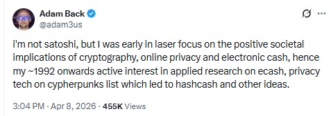 Adam Back denies He is not Satoshi Nakamoto or Bitcoin 