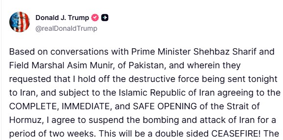 Donald Trump Tweet on Iran US Ceasefire
