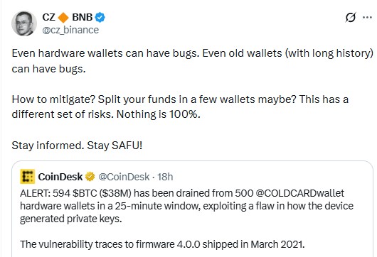 CZ on hardware wallet security 