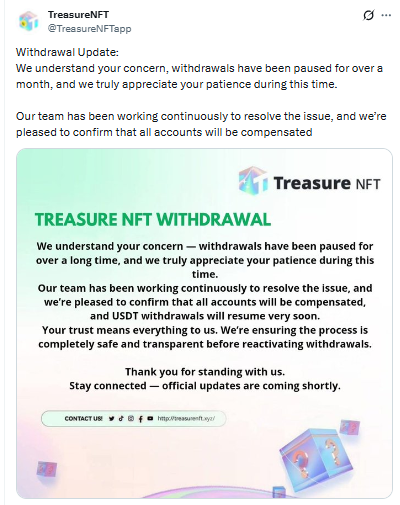treasure nft withdrawal update