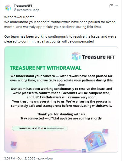 treasure nft withdrawal update