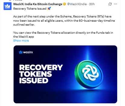 WazirX Recovery Token Issued