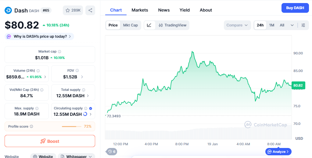Dash Coin Price Surge today amid crypto market crash 