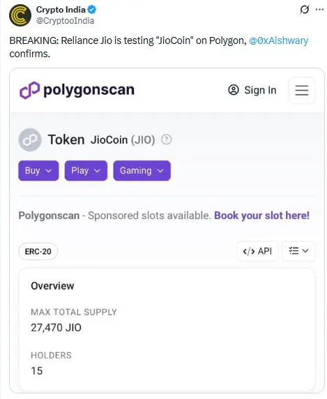 Jio Coin Testing on Poygon