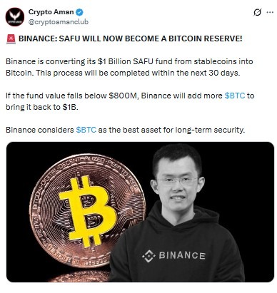 Binance will convert safu fund in bitcoin reserve