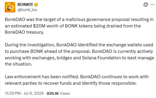 bonk dao governance exploit 21m treasury transfer