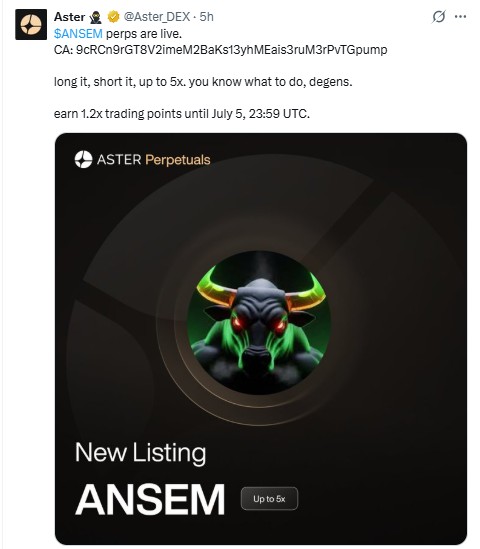 Aster DEX Listing ANSEM