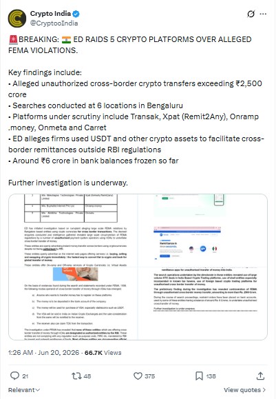 ED Crypto Raids Platforms
