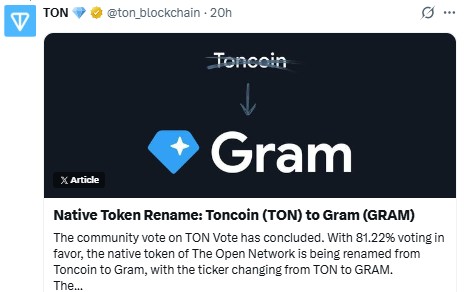 toncoin rebrands to gram