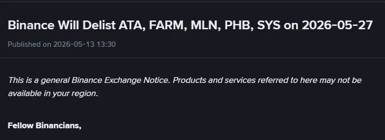  Binance Delisting: ATA, FARM, MLN, PHB, SYS Holders क्या करें?
