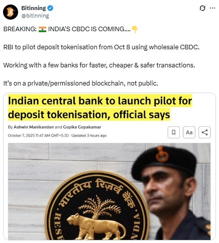 RBI Launch Pilot Deposit Tokenisation