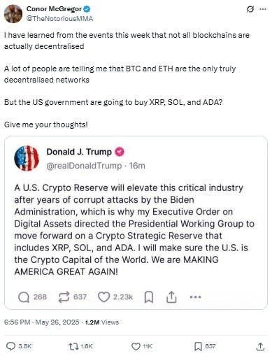 McGregor ने किया सवाल, क्या XRP, SOL और ADA खरीद रहा है US?
