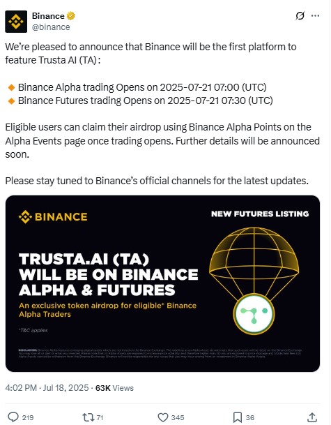 Trusta AI Listing Date