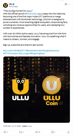 Ullu App UlluCoin Launch X Post