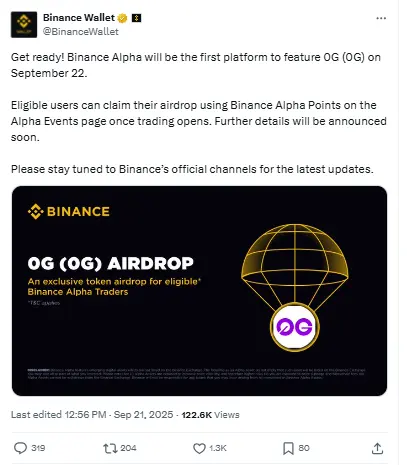 0G Airdrop and Listing on Binance Alpha