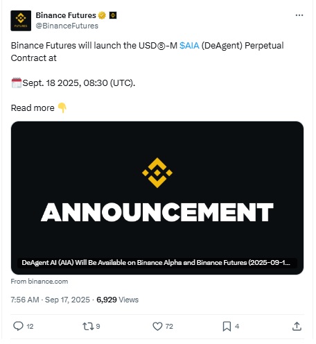AIA Token Listing Date - Binance Futures X Post