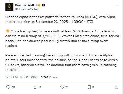 BLESS Token Listing - Binance Wallet X Post