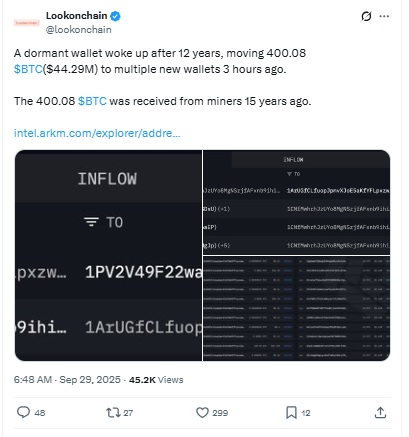 Bitcoin Dormant Wallet - Lookonchain X Post