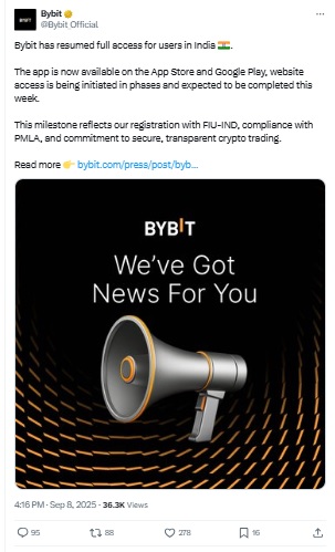 Bybit का भारत में Comeback - Bybit X Post
