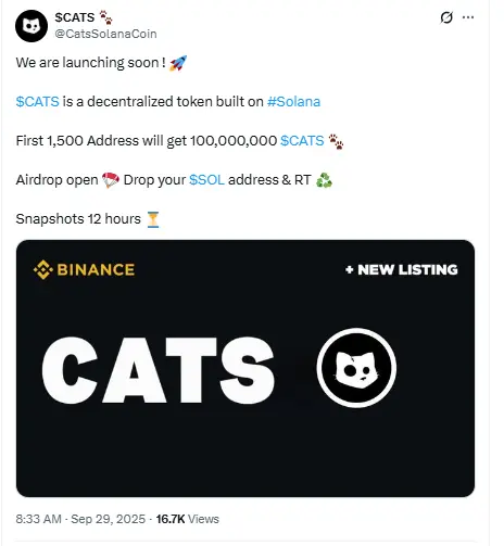 Cats Token Listing on Binance and Airdrop Announcement 