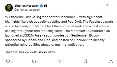 Ethereum Fusaka Upgrade - Binance Research X Post