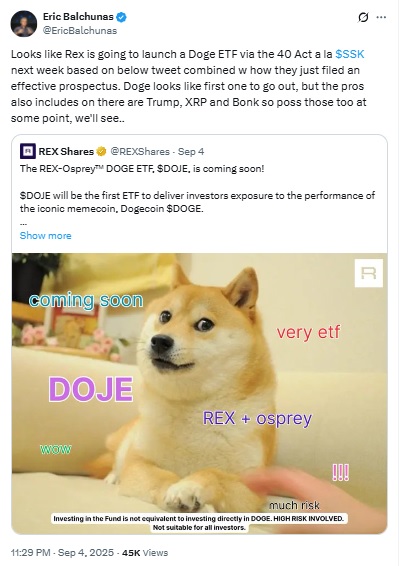 First-ever Dogecoin ETF Launch Date - Eric Balchunas X Post