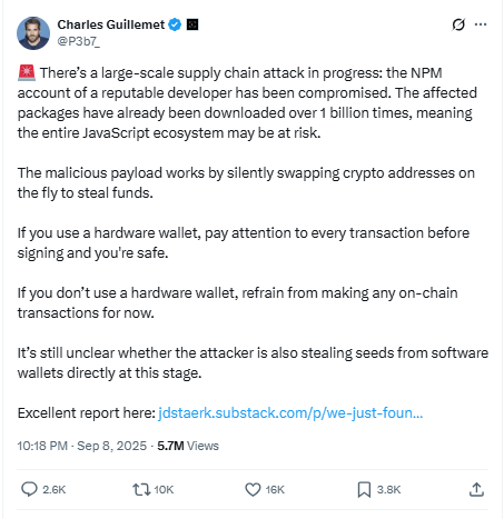 Ledger CTO Charles Guillemet X Post - Massive Supply Chain Hack