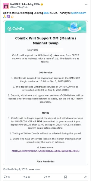 OM Mainnet Swap - MANTRA X Post