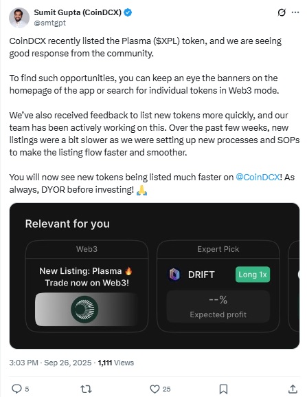 Plasma Token Listing CoinDCX - Sumit Gupta X Post