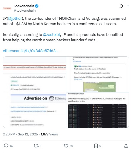 THORChain Security Breach - Lookonchain X Post