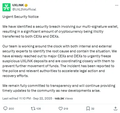 Crypto Crash, UXLINK X Post about security breach 