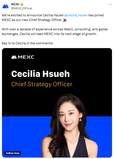 MEXC Chief Strategy Officer का पद संभालेंगी Cecilia Hsueh