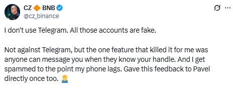 Binance Founder CZ ने Telegram Accounts को बताया फेक?