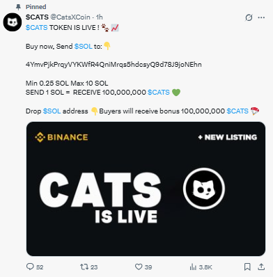 CATS Token Live, Solana के बदले पाएं बंपर बोनस ऑफर