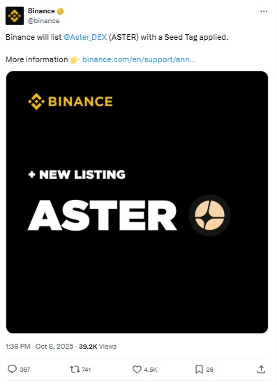 Aster Token Listing - Binance X Post