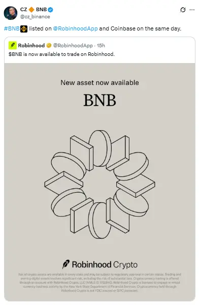BNB Coin Listing Information Post by CZ