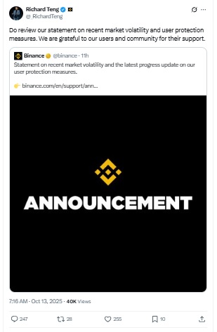 Binance CEO Richard Teng X Post