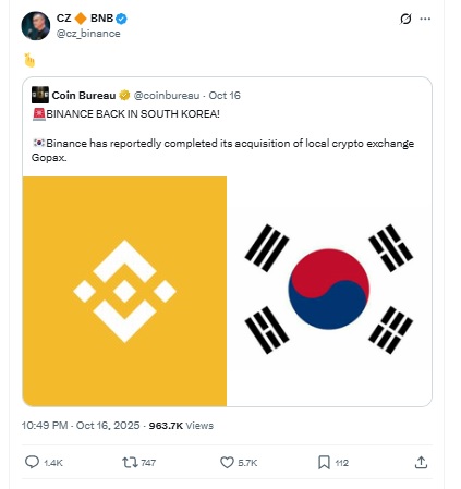Binance Return - CZ X Post