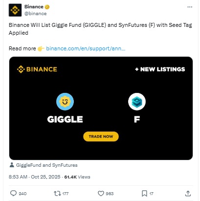 Binance Token Listing X post