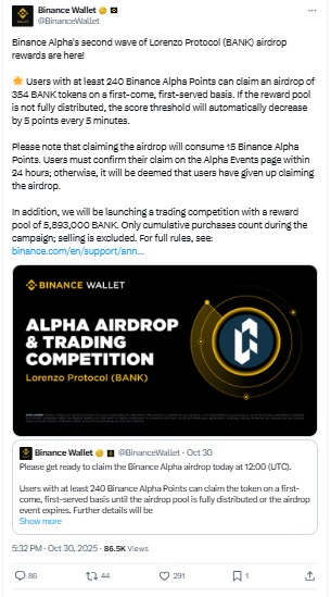 Binance Wallet X Post - BANK Airdrop