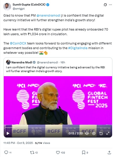 CoinDCX Founder Sumit Gupta X Post