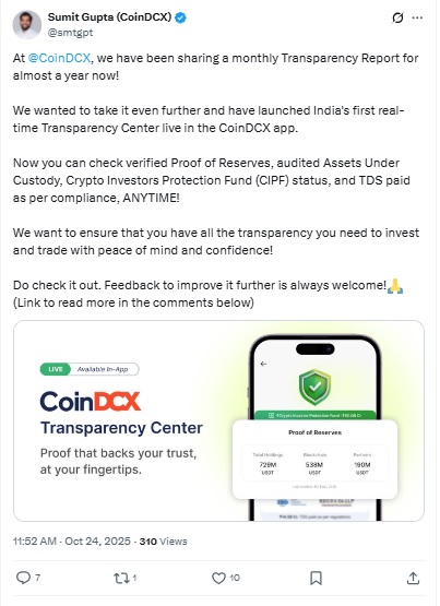 CoinDCX Real-Time Transparency Center