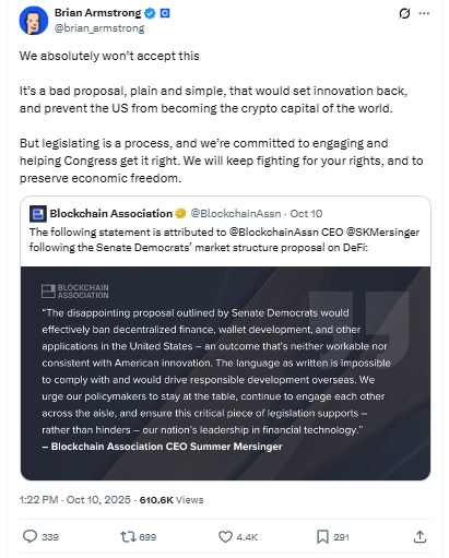 Coinbase CEO Brian Armstrong X Post