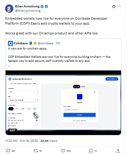 Coinbase Embedded Wallets Live