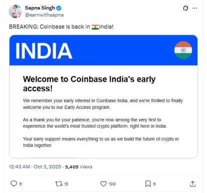 Coinbase is Back - Sapna Singh X Post